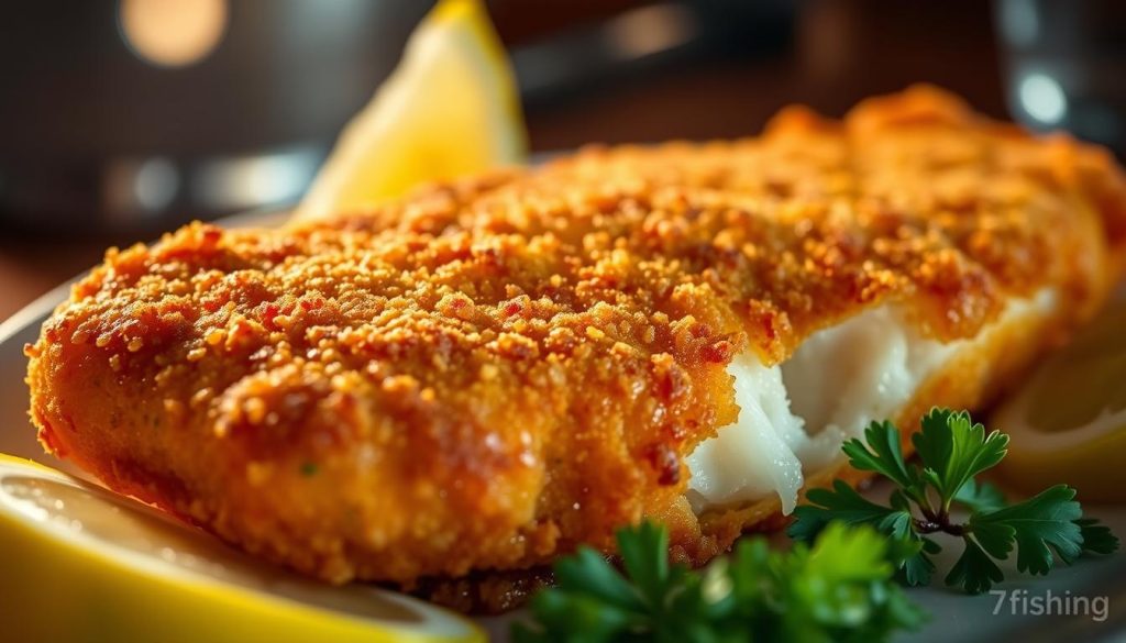 A beautifully golden-brown breaded and fried Alaskan pollock fillet, sizzling fresh from the oil, nestled on a plate with a garnish of lemon wedges and fresh parsley. The lighting is warm and soft, casting a gentle glow on the crisp, crunchy exterior, revealing the tender, flaky white flesh within. The camera angle is close-up, highlighting the intricate texture and tempting sizzle. The overall mood is one of mouthwatering anticipation, perfectly capturing the essence of the "Филе минтая в кляре: секреты золотистой корочки" dish, as featured on 7fishing.com.ua.