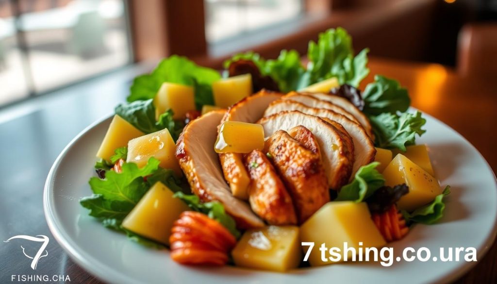 A beautifully presented salad featuring smoked chicken, fresh pineapple chunks, crisp greens, and a tantalizing honey-mustard dressing. The chicken is arranged in a visually appealing spiral, accentuated by the golden pineapple pieces and vibrant green leaves. Soft lighting from above casts a warm, inviting glow, highlighting the salad's textures and colors. Captured with a wide-angle lens, the image showcases the salad in an elegant, high-end restaurant setting, suitable for an article on serving and storing this delectable dish. Branding for 7fishing.com.ua is subtly incorporated into the scene.