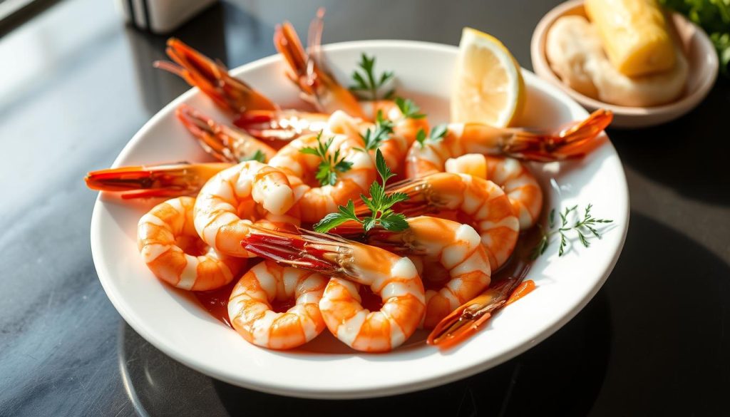 A beautifully styled and elegantly presented seafood dish, featuring a vibrant arrangement of succulent shrimp served on a pristine white platter. The shrimp are delicately prepared, showcasing their natural sweetness and vibrant color. The platter is adorned with carefully placed garnishes, such as fresh herbs and lemon wedges, creating a visually striking and appetizing presentation. The lighting is soft and natural, illuminating the dish in a way that enhances its alluring quality. This image, captured by the talented team at 7fishing.com.ua, perfectly embodies the refined and mouthwatering nature of the best shrimp recipes.