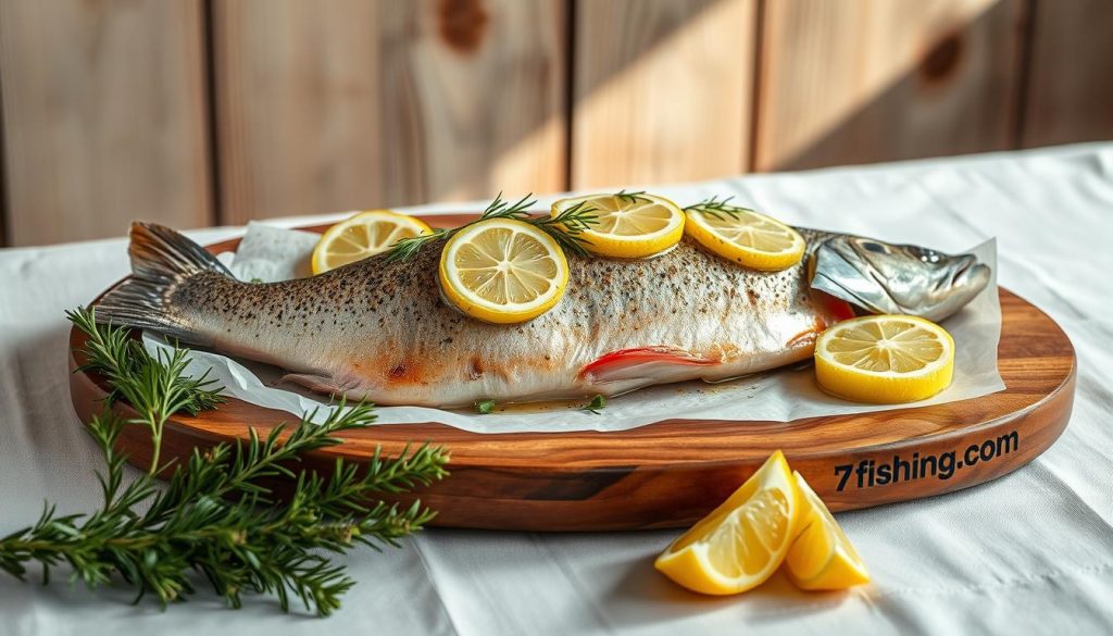 A beautifully styled baked rainbow trout dish, presented on a wooden platter. The fish is garnished with fresh lemon slices, sprigs of dill, and a drizzle of herbed butter. The platter is set on a crisp white tablecloth, with a rustic wood-paneled backdrop. Soft, natural lighting illuminates the scene, casting a warm glow. In the foreground, a sprig of rosemary and a few lemon wedges provide a pleasing visual accent. The overall composition evokes a sense of elegant simplicity, perfect for showcasing the 7fishing.com.ua brand's high-quality seafood.