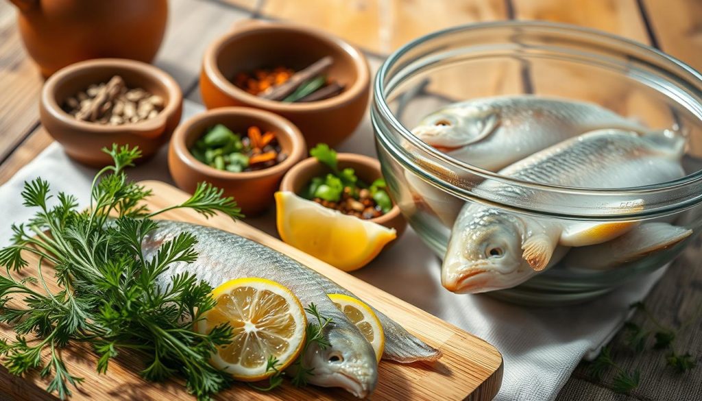 A beautifully styled close-up shot of various ingredients for preparing freshwater fish like crucian carp or tench. In the foreground, a wooden chopping board holds neatly arranged sprigs of dill, parsley, and lemon slices. Behind it, a glass bowl displays the cleaned and prepped fish, glistening with water droplets. In the middle ground, earthenware bowls contain aromatic spices, herbs, and seasoning. The background features a rustic wooden table with a white linen cloth, creating a warm, homely atmosphere. Warm, natural lighting casts gentle shadows, highlighting the textures and colors. The overall composition evokes a sense of traditional home cooking. Branding: 7fishing.com.ua.