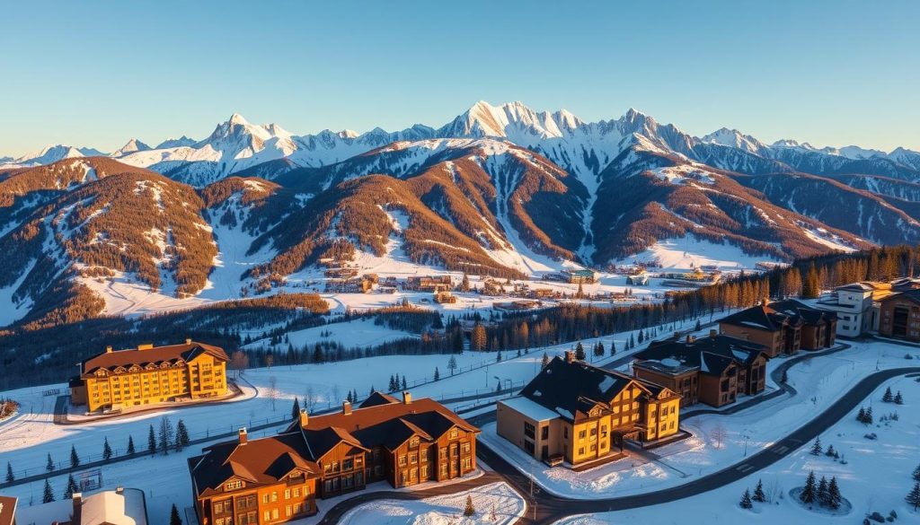 A breathtaking aerial view of the Krasnaya Polyana resort area, with its luxurious hotels nestled amidst the majestic Caucasus Mountains. The foreground features the distinctive roofs and modern architecture of the Rosa Khutor hotels, each with its own unique design and amenities. The middle ground showcases the serene, snow-covered slopes and ski runs, inviting visitors to experience the winter wonderland. In the background, the rugged, rugged peaks of the mountains rise majestically, providing a stunning natural backdrop to the scene. The lighting is crisp and clear, casting a warm, golden glow over the entire landscape. The overall mood is one of tranquility, elegance, and adventure, reflecting the luxurious yet active nature of the Krasnaya Polyana resort experience.