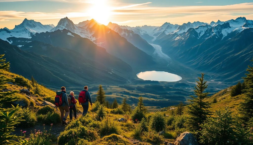 A breathtaking alpine landscape, snow-capped peaks reaching towards the heavens, bathed in the golden glow of the setting sun. In the foreground, a group of hikers traversing a rugged trail, their backpacks and trekking poles reflecting the crisp mountain air. Lush, verdant foliage frames the scene, with wildflowers dotting the slopes. The middle ground reveals a sparkling glacial lake, its mirrored surface capturing the majestic beauty of the surrounding mountains. In the distance, a panoramic vista of jagged ridges and craggy cliffs, inviting the viewer to explore the untamed, awe-inspiring grandeur of the Carpathian Mountains.