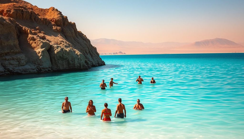 A breathtaking landscape of the Dead Sea, with its striking turquoise waters and ethereal, mineral-rich shoreline. In the foreground, a group of adventurous tourists wade into the buoyant, therapeutic waters, their bodies effortlessly floating. The middle ground reveals the dramatic, rugged cliffs that frame the scene, casting dramatic shadows and lending an otherworldly atmosphere. In the distance, a hazy, desert-like backdrop of rolling hills and arid terrain, bathed in warm, golden sunlight. The overall mood is one of serene tranquility, inviting the viewer to imagine the restorative, rejuvenating properties of this unique natural wonder.