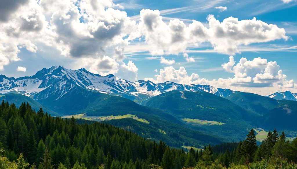 A breathtaking panoramic view of a national nature park in the heart of the Carpathian Mountains. In the foreground, a lush, verdant forest canopy teeming with diverse flora and fauna. Towering snow-capped peaks rise majestically in the middle ground, their rugged slopes dotted with alpine meadows and crystal-clear streams. The background is a dramatic skyscape, with fluffy white clouds drifting across a vibrant azure sky, illuminated by warm, golden sunlight filtering through the atmosphere. The scene exudes a sense of peaceful tranquility and pristine natural beauty, inviting the viewer to immerse themselves in the wonders of this protected wilderness.