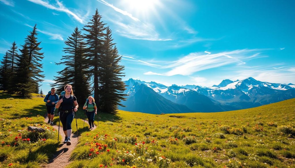 A breathtaking summer landscape in the Caucasus Mountains, featuring a group of hikers trekking through lush, verdant alpine meadows dotted with vibrant wildflowers. In the distance, majestic snow-capped peaks rise against a clear, azure sky. Sunlight filters through wispy clouds, casting a warm, golden glow over the scene. In the foreground, the hikers, clad in outdoor gear, navigate a winding trail flanked by towering pine trees. Their expressions convey a sense of adventure and rejuvenation amidst the natural splendor. An idyllic representation of the active, nature-based tourism that defines the Krasnaya Polyana region during the summer months.