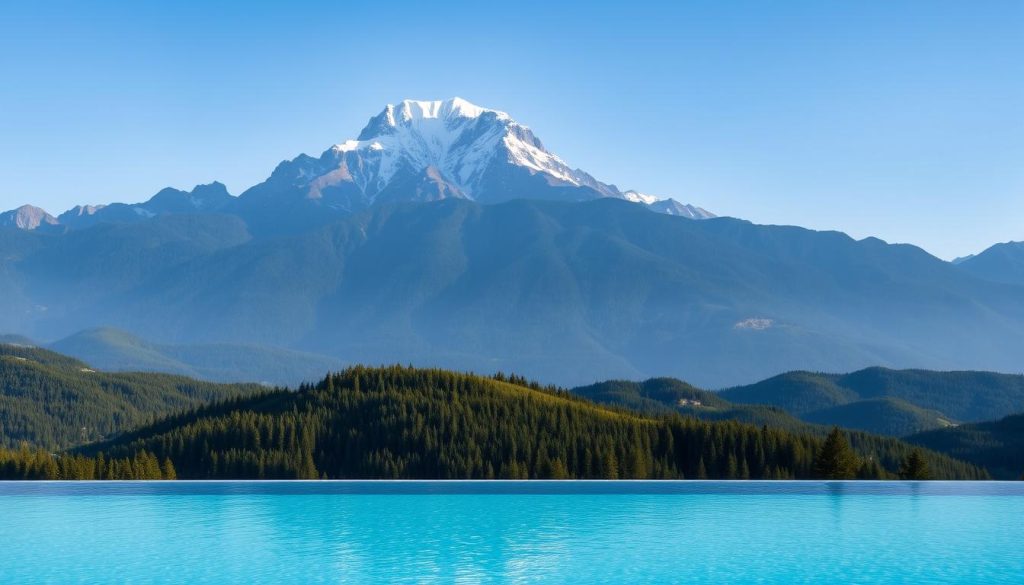 A breathtaking vista of the majestic Carpathian mountains, with the snow-capped peak of Mount Bukovel towering majestically in the distance. The foreground features a serene, azure pool, its calm waters reflecting the dramatic landscape. Soft, warm lighting bathes the scene, creating a sense of tranquility and relaxation. In the middle ground, lush, verdant forests stretch out, blanketing the rolling hills. The background is dominated by the imposing, jagged silhouette of the mountain, its rugged slopes etched against a clear, azure sky. This idyllic, picturesque setting perfectly captures the essence of the Bukovel region, inviting visitors to immerse themselves in its natural splendor.