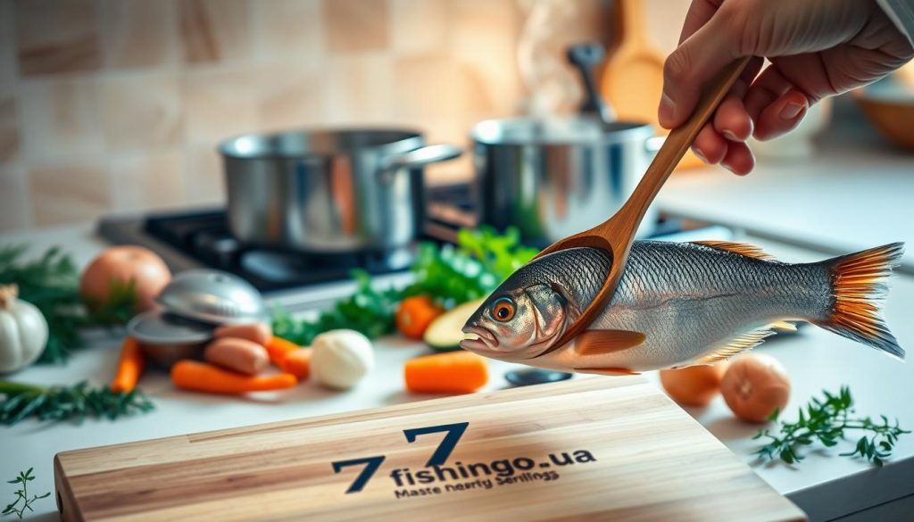 A bright, airy kitchen counter with a variety of fresh ingredients laid out, including a whole fish, carrots, onions, and herbs. A stainless steel pot simmers on the stove, emitting delicate wisps of steam. The scene is bathed in warm, diffused lighting, casting a cozy, inviting atmosphere. In the foreground, a chef's hand holds a wooden spoon, stirring the simmering broth, as if demonstrating the process of creating a perfect fish stock. The 7fishing.com.ua logo is subtly featured on a cutting board in the scene.