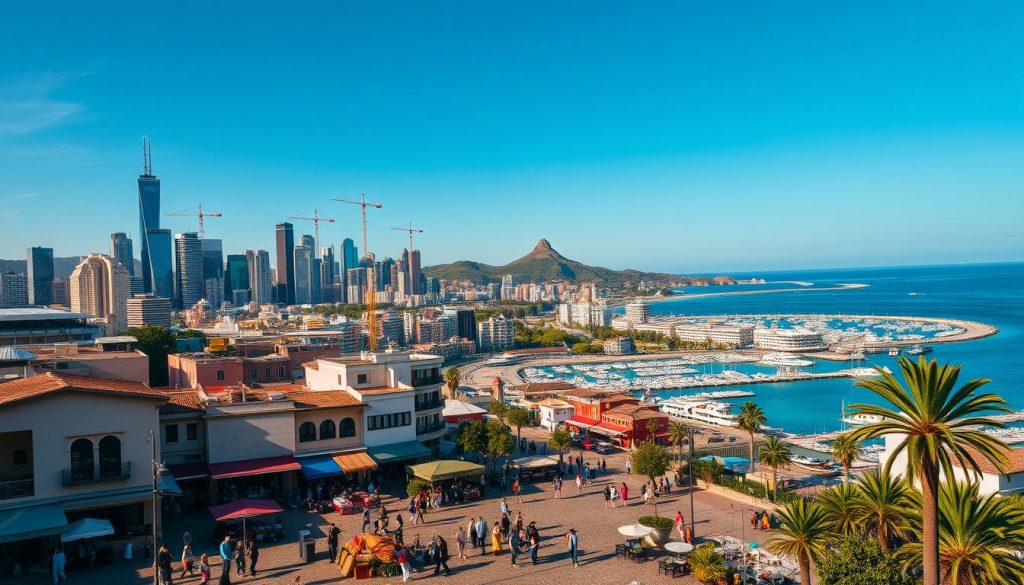 A bustling city skyline, towering skyscrapers and cranes against a vibrant blue sky. In the foreground, a picturesque town square teeming with people, outdoor cafes, and local vendors selling crafts and produce. Tourists wander the cobblestone streets, taking in the lively atmosphere. In the middle ground, a scenic coastline with white sand beaches and azure waters, dotted with luxurious resorts and bustling marinas. The lighting is warm and golden, creating a sense of prosperity and economic vitality. The overall mood is one of growth, energy, and the mutually beneficial relationship between tourism and regional development.