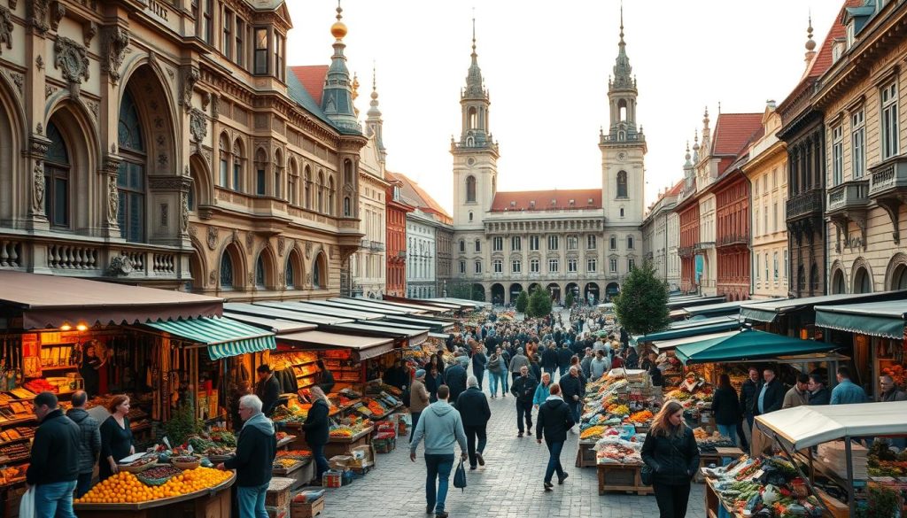 A bustling market square in the heart of historic Lviv, Ukraine. In the foreground, a vibrant scene of vendors and shoppers amid colorful stalls brimming with local produce, artisanal crafts, and traditional wares. The ornate neo-Renaissance architecture of the surrounding buildings, adorned with intricate stone carvings and towering spires, frames the lively tableau. A warm, golden light filters through the scene, casting a gentle glow and inviting an atmosphere of timeless charm. In the background, the iconic Rynok Square, a UNESCO World Heritage site, extends outward, showcasing the well-preserved medieval layout and historic landmarks that make this city a living, open-air museum.