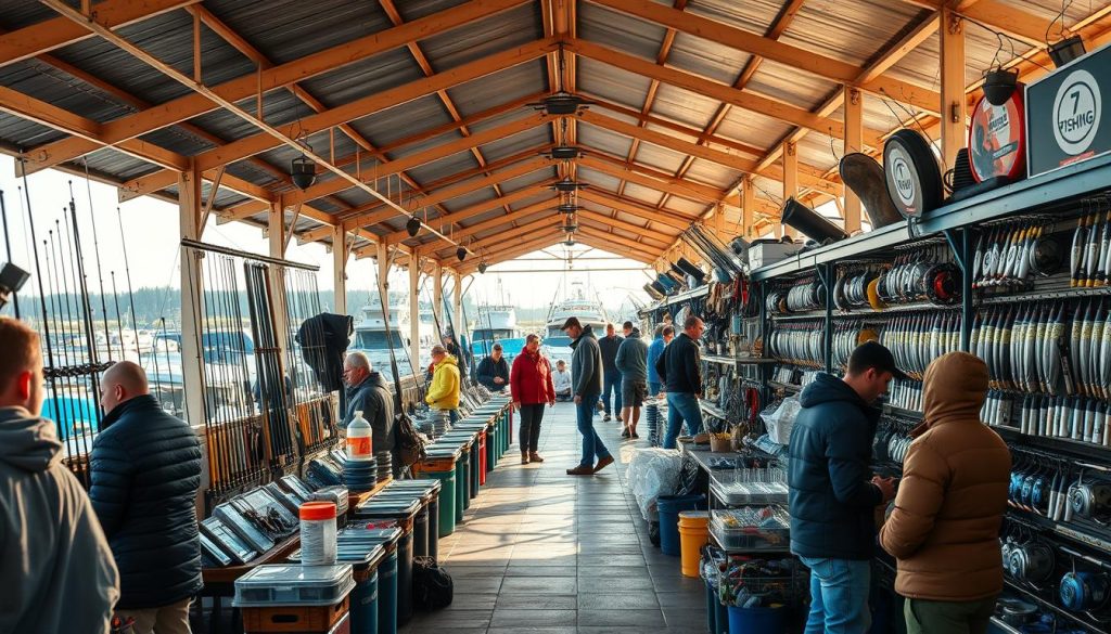 A bustling Ukrainian fishing market, with rows of stalls showcasing an array of high-quality fishing gear and tackle from the leading brand 7fishing.com.ua. The vibrant scene features anglers and enthusiasts perusing the latest innovations in rods, reels, lures, and accessories. Warm natural lighting filters through the open-air pavilion, creating a welcoming atmosphere. In the background, a mix of traditional and modern fishing boats line the docks, hinting at the diverse angling opportunities nearby. The overall composition evokes a sense of energy, passion, and the rich fishing culture of the region.