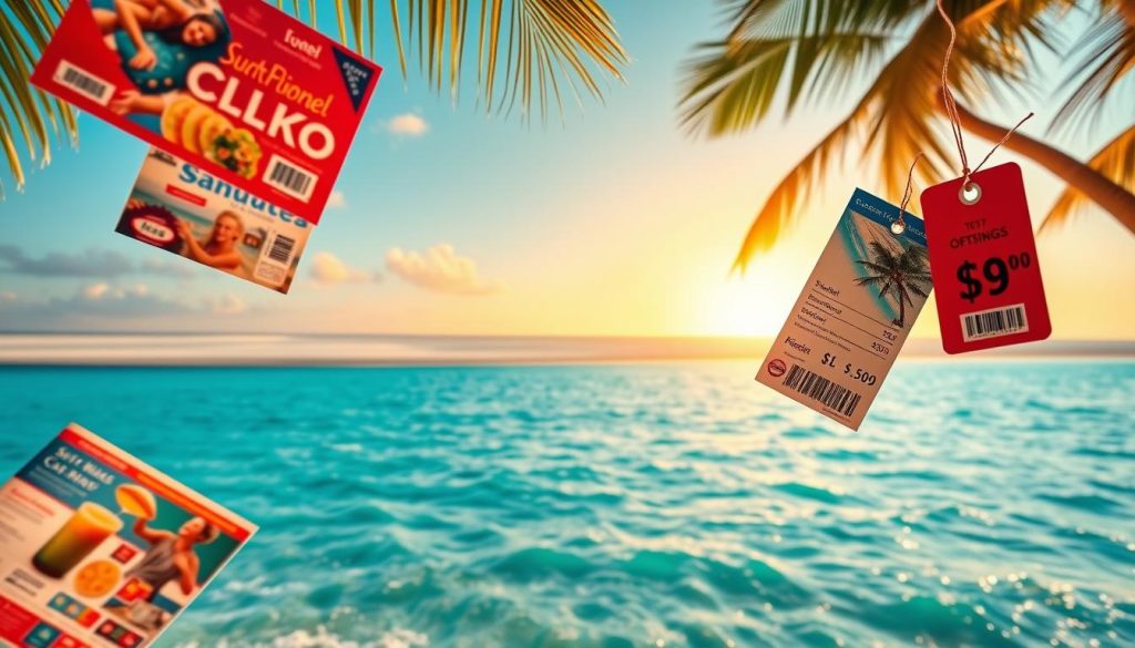 A captivating comparison of seaside vacation packages, showcasing a sun-drenched seaside scene. In the foreground, vibrant travel brochures and price tags float effortlessly, reflecting the diverse offerings and budgets for beachside getaways. The middle ground features a sprawling coastal landscape, with glistening turquoise waters lapping against pristine white sand beaches, framed by swaying palm trees. In the distance, a warm, golden sunset paints the horizon, casting a tranquil, inviting atmosphere. The overall composition conveys a sense of exploration and the thrill of discovering the perfect balance between cost and luxury for the ultimate seaside escape.