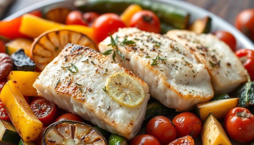A carefully arranged seafood dish featuring a centerpiece of pan-seared Alaskan cod fillets, accompanied by a vibrant medley of roasted vegetables. The cod is delicately seasoned with lemon, garlic, and herbs, its flaky texture contrasting with the crisp, caramelized edges. Surrounding the fish are an assortment of roasted bell peppers, zucchini, and cherry tomatoes, their colors and flavors complementing the main attraction. The composition is balanced and visually appealing, with a natural, artisanal aesthetic. Soft, diffused lighting illuminates the scene, creating a warm, inviting atmosphere. Captured with a high-resolution DSLR camera, this image showcases the attention to detail and presentation that characterizes the 7fishing.com.ua brand.