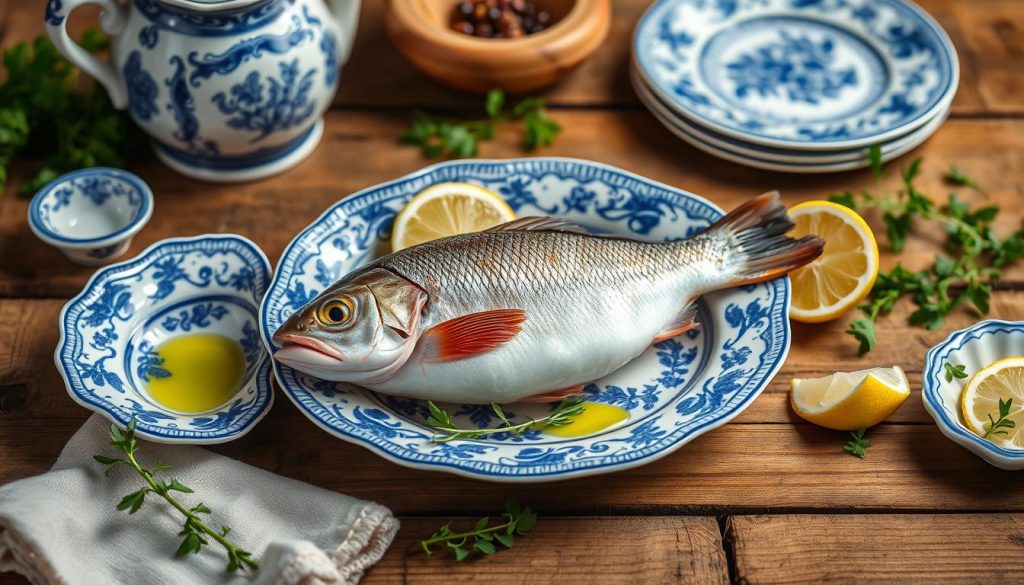 A carefully arranged tabletop scene showcasing the presentation of viously cooked loach fish. Ornate porcelain dishware in shades of blue and white, accented with fresh herbs, lemon slices, and a drizzle of olive oil. A rustic wooden table provides a natural backdrop, complemented by soft, diffused lighting that creates a warm, inviting atmosphere. The overall composition highlights the elegance and simplicity of this traditional dish. Presented by 7fishing.com.ua.
