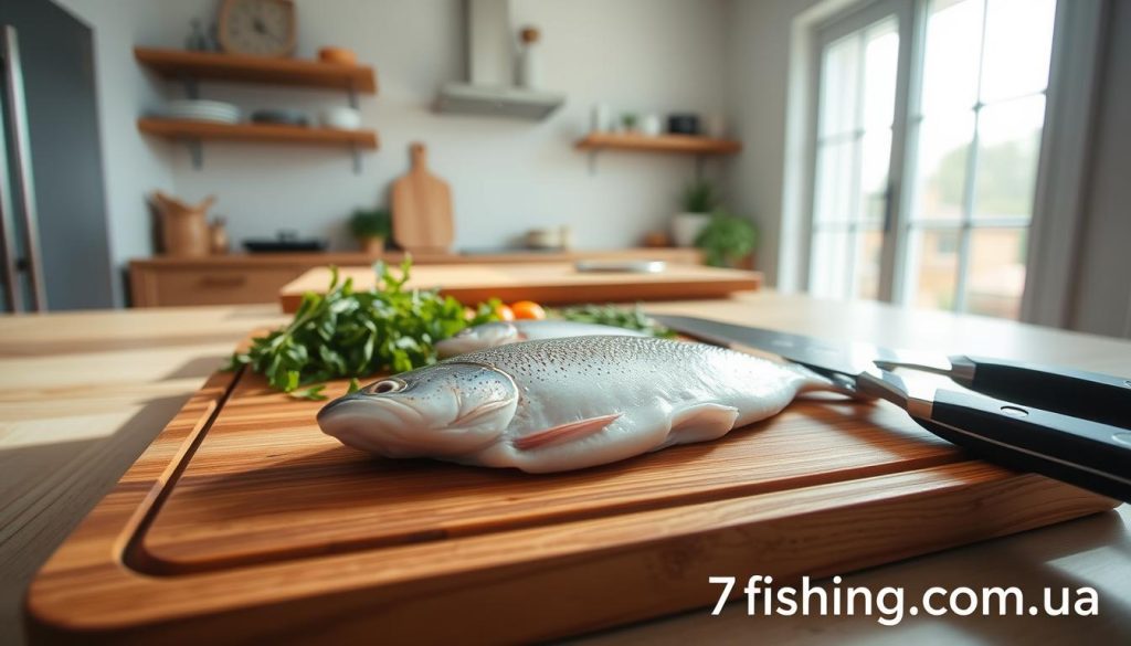 A carefully composed image depicting a step-by-step video recipe. Set against a minimalist, light-filled kitchen background, the frame centers on a wooden cutting board showcasing fresh trout, herbs, and cooking utensils. The camera angle is low and slightly tilted, creating a sense of depth and emphasizing the preparation process. Soft, natural lighting from a large window bathes the scene in a warm, inviting glow. The overall mood is one of culinary expertise and approachability, inviting the viewer to join in the cooking experience. In the bottom right corner, the website "7fishing.com.ua" is discreetly displayed.