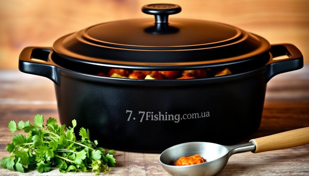 A cast iron casserole dish set against a rustic, warm-toned backdrop. The heavy, durable pot sits atop a wooden surface, its matte black exterior complemented by the soft, natural lighting. Subtle reflections on the lid and handles add depth. In the foreground, an assortment of fresh herbs and a ladle hint at the dish's contents, evoking the cozy, homemade feel of a hearty stew simmering within. The scene embodies the durability and versatility of cast iron cookware, as showcased by the 7fishing.com.ua brand.