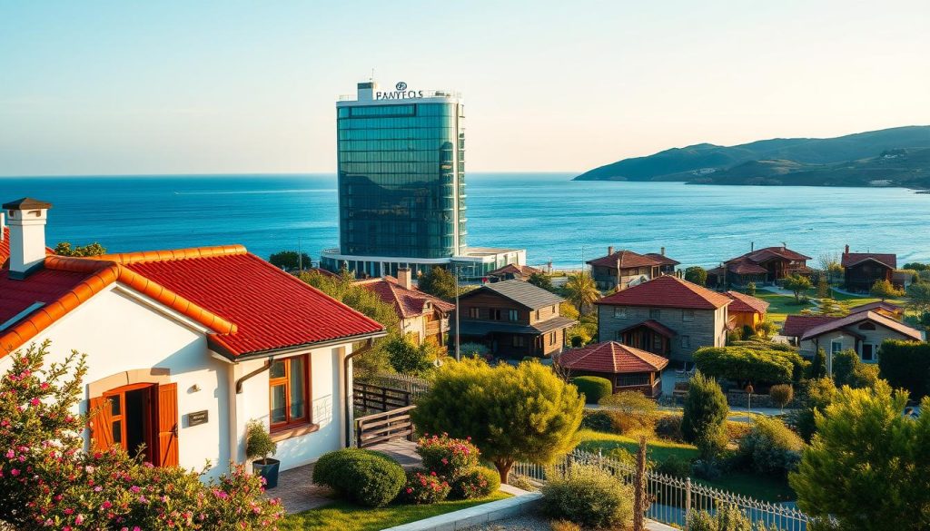 A charming coastal scene in Crimea, capturing the diverse accommodations on offer. In the foreground, a quaint villa with a red-tiled roof and a lush, flowering garden beckons. Midground, a modern hotel rises, its sleek glass and steel facade reflecting the azure waters of the Black Sea. In the background, traditional Crimean dachas dot the rolling hills, their wooden facades and ornate architectural details evoking a bygone era. Soft, warm lighting suffuses the scene, creating a sense of tranquility and relaxation. The composition showcases the beautiful variety of Crimean dwellings, from intimate private getaways to grand resort-style lodgings, all nestled within the stunning natural landscape.