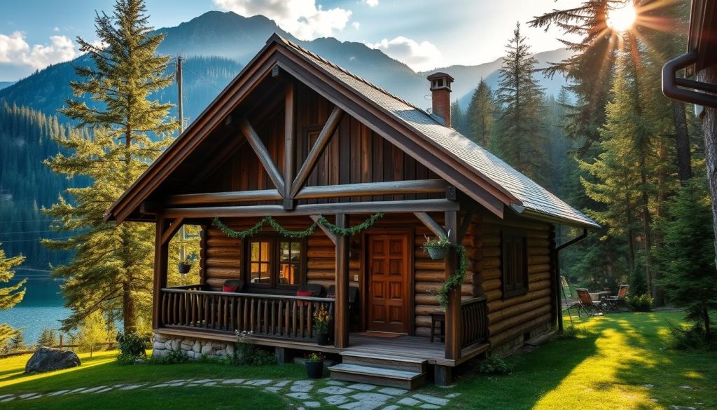 A charming cottage nestled in the heart of the Carpathian mountains, surrounded by lush forests and towering peaks. The cozy exterior features rustic wooden beams and a warm, inviting porch overlooking a serene lake. Sunlight filters through the trees, casting a soft, golden glow across the picturesque scene. Inside, the cottage is filled with traditional Carpathian decor, inviting guests to experience the rich cultural heritage of the region. The overall atmosphere is one of tranquility and natural splendor, perfectly capturing the essence of a Carpathian mountain retreat.