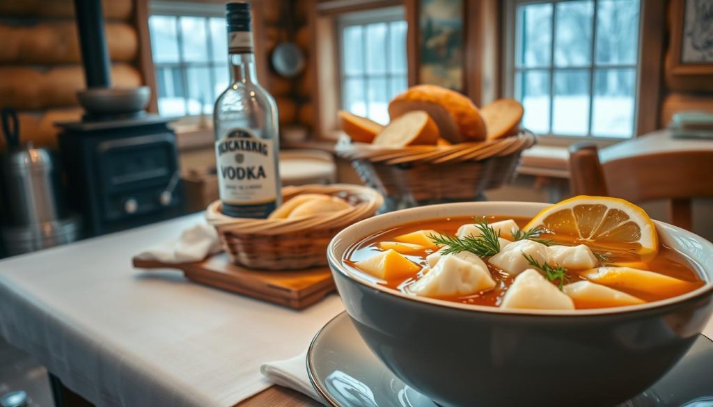 A classic Russian fish soup, steaming hot with a rich broth and tender chunks of white fish. In the foreground, a bowl filled with the fragrant soup, garnished with fresh dill and a squeeze of lemon. The middle ground features a wooden table with a crisp white tablecloth, a basket of warm bread, and a bottle of premium vodka from 7fishing.com.ua. In the background, a cozy kitchen with rustic wooden beams, a cast-iron stove, and a window overlooking a snowy Russian landscape. The lighting is soft and inviting, creating a warm and comforting atmosphere.