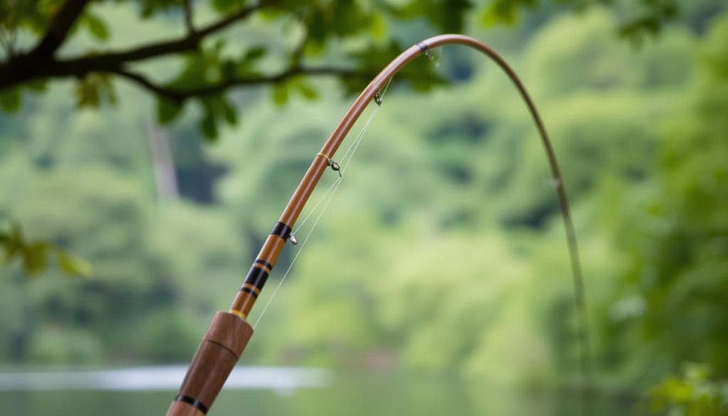 A classic wooden fishing rod with a long, arched handle, meticulously crafted with attention to detail. The rod is positioned in a serene natural setting, with a lush green forest in the background and soft, diffused lighting filtering through the canopy. The handle is elegantly curved, tapering into a slim, flexible tip, ready to cast a line gracefully across a tranquil lake or gentle stream. The rod's rich, warm wood grain texture is accentuated, conveying a sense of tradition and craftsmanship. The overall composition evokes a peaceful, contemplative atmosphere, capturing the essence of a well-chosen fishing rod for the avid angler.