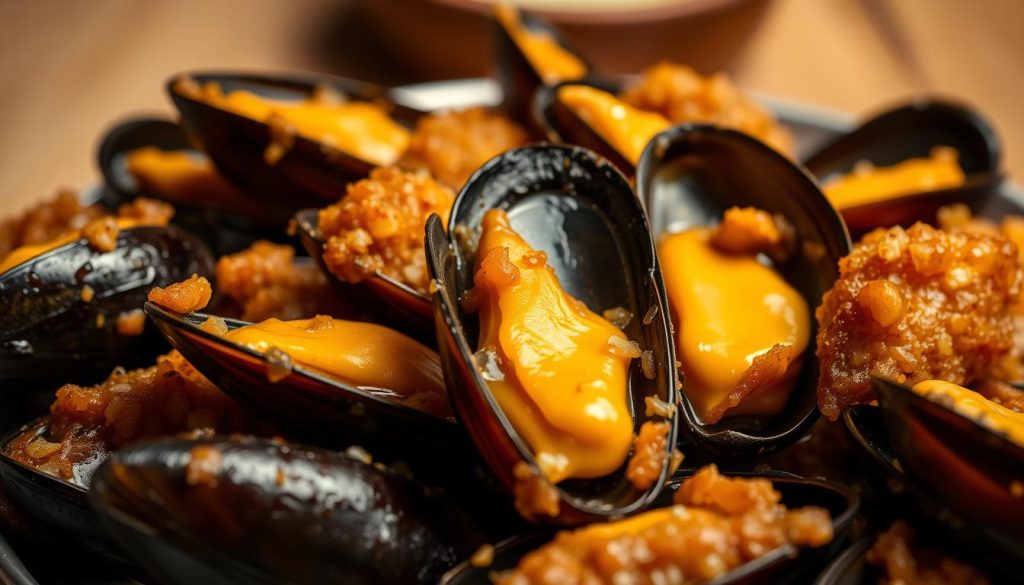 A close-up, detailed image of a plate of sizzling, golden-brown fried mussels, glistening with garlic butter sauce. The mussels are plump and juicy, their shells open to reveal the tender flesh within. The garlic is finely minced, infusing the dish with a rich, savory aroma. The image is shot from a low angle, emphasizing the appetizing texture and presentation of the dish. Soft, warm lighting casts a cozy, inviting glow over the scene. In the background, a simple wooden table or rustic background complements the homemade, artisanal feel of the 7fishing.com.ua dish.