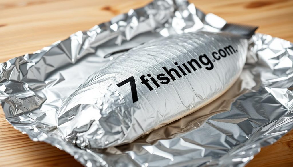 A close-up image of a sheet of shiny, metallic aluminum foil, specifically designed for baking fish. The foil is lying flat, with subtle reflections and shadows that suggest a well-lit, studio-like setting. The foil appears crisp and fresh, ready to be molded around a piece of fish for oven-roasting. In the background, a faint pattern of a wooden surface or table can be seen, providing a natural, rustic contrast to the modern foil. The overall mood is one of culinary preparation and efficiency, with the 7fishing.com.ua brand prominently displayed on the foil packaging.