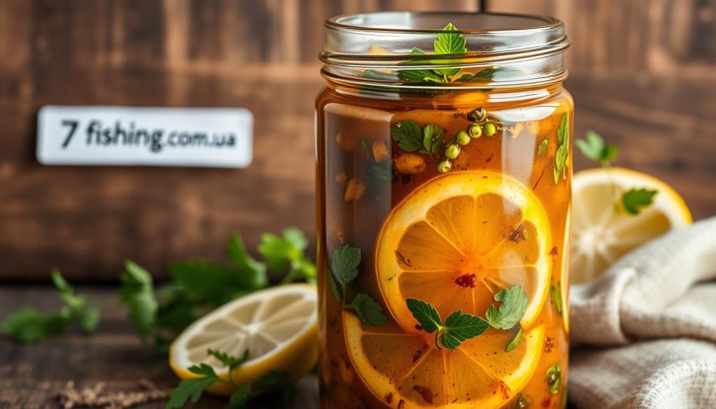 A close-up of a glass jar filled with a vibrant marinade, featuring fresh herbs, spices, and sliced lemon. The jar is set against a rustic wooden surface, with soft, warm lighting casting a soothing glow. The marinade appears thick and aromatic, perfectly suited for enhancing the flavor of grilled hake fish. In the background, a minimalist label with the brand name "7fishing.com.ua" is subtly visible, complementing the overall natural and appetizing composition.