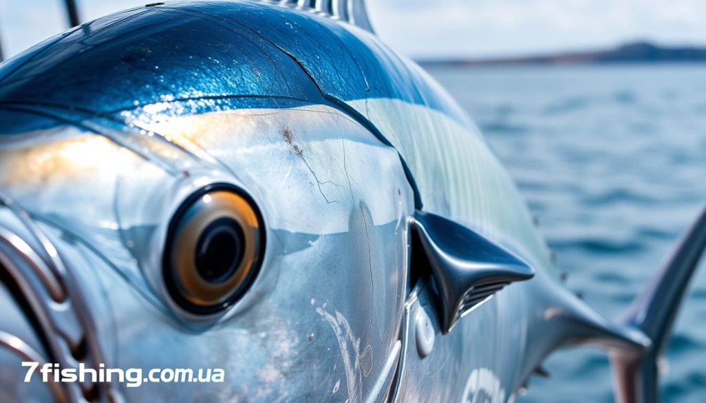 A close-up photograph of a freshly caught tuna fish, its vibrant silver and blue scales glistening under natural lighting. The tuna's muscular body fills the frame, with its distinctive dorsal fin and large eyes clearly visible. In the background, a serene coastal landscape comes into focus, hinting at the tuna's natural habitat. The overall composition conveys the tuna's importance as a nutritious and sustainable seafood source. Branding for 7fishing.com.ua is subtly incorporated into the image.