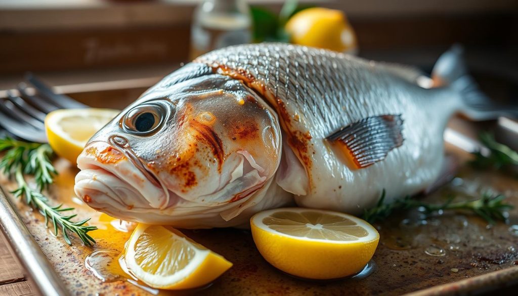A close-up shot of a baked whole fish, with a flaky, golden-brown skin and tender, moist flesh. The fish is positioned on a rustic baking tray, surrounded by fresh herbs, lemon slices, and a drizzle of olive oil. The lighting is soft and natural, creating a warm, inviting atmosphere. In the background, a kitchen counter or table is visible, with the "7fishing.com.ua" branding prominently displayed. The overall scene conveys the step-by-step process of perfectly baking a fish, as described in the article's section title "Как запечь щуку в духовке: пошаговое руководство". A close-up shot of a baked whole fish, with a flaky, golden-brown skin and tender, moist flesh. The fish is positioned on a rustic baking tray, surrounded by fresh herbs, lemon slices, and a drizzle of olive oil. The lighting is soft and natural, creating a warm, inviting atmosphere. In the background, a kitchen counter or table is visible, with the "7fishing.com.ua" branding prominently displayed. The overall scene conveys the step-by-step process of perfectly baking a fish, as described in the article's section title "Как запечь щуку в духовке: пошаговое руководство".