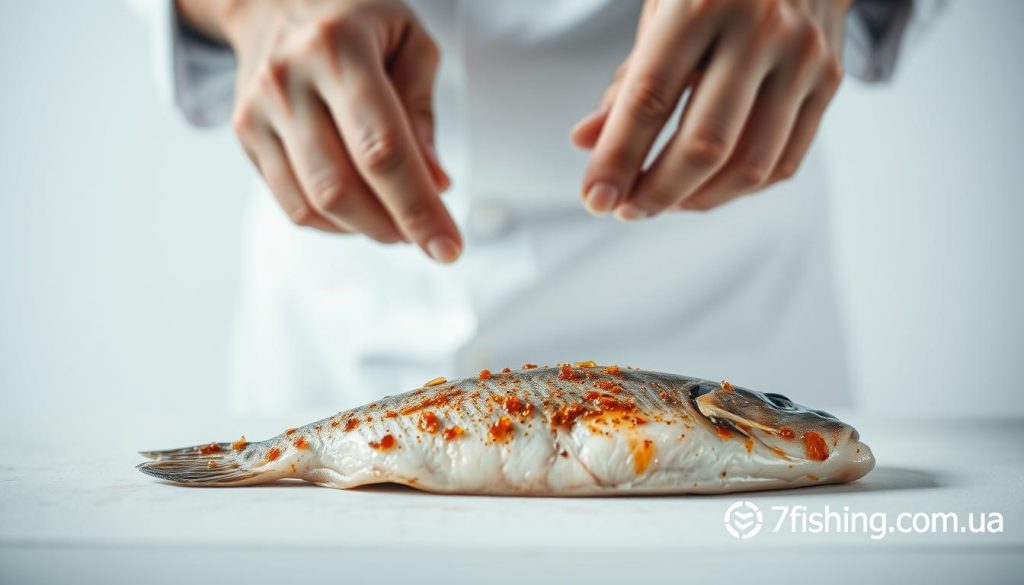 A close-up shot of a chef's hands carefully inspecting a marinated fish fillet against a plain white background. The lighting is soft and even, highlighting the texture and color of the fish. In the foreground, the fish is displayed on a clean, minimalist surface, allowing the quality of the marinade to take center stage. The background is slightly blurred, keeping the focus on the subject. The overall mood is one of precision, attention to detail, and a commitment to ensuring the highest quality of the final product. In the bottom right corner, the brand "7fishing.com.ua" is subtly displayed.