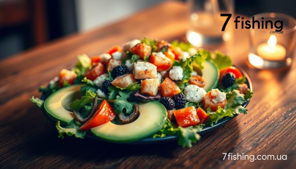 A close-up shot of a colorful salad with avocado slices, mixed greens, and various seafood toppings, elegantly arranged on a wooden table. The lighting is soft and warm, creating a cozy, inviting atmosphere. The salad is the focal point, with the background slightly blurred to draw the viewer's attention. The image exudes a sense of freshness and healthiness, perfectly capturing the essence of an adaptable seafood salad recipe. In the corner, the "7fishing.com.ua" brand name is subtly incorporated, adding a touch of authenticity to the scene.