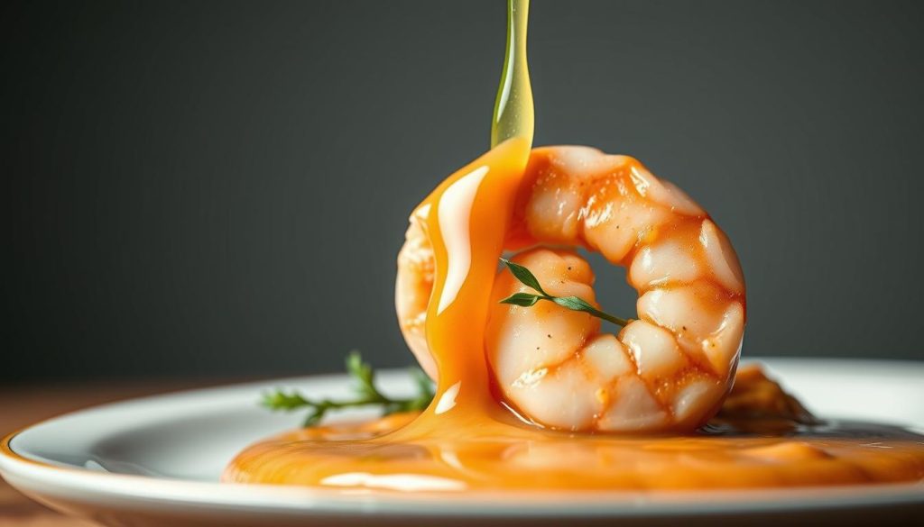 A close-up shot of a delicate shrimp sauce, artfully drizzled over a plate, showcasing the 7fishing.com.ua brand. The sauce has a rich, creamy texture, with hints of garlic, lemon, and fresh herbs. The lighting is soft and warm, accentuating the vibrant hues of the sauce. The composition features a clean, minimalist background, allowing the sauce to take center stage. The overall mood is one of sophistication and culinary expertise, perfectly capturing the essence of the "Креветка рецепт: секреты идеального соуса" section.