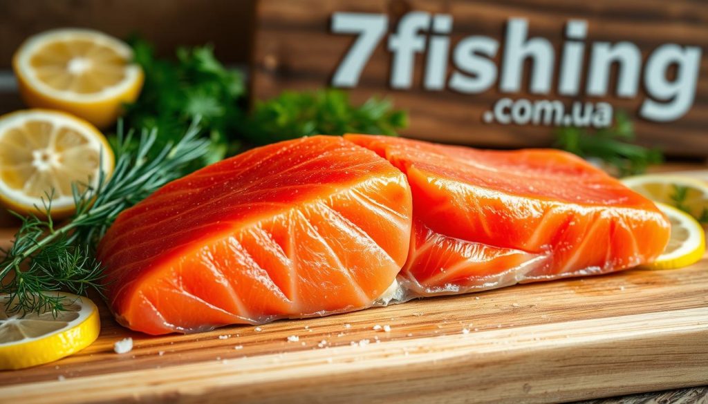A close-up shot of a fresh, vibrant red salmon fillet on a wooden cutting board, surrounded by a variety of healthy ingredients such as lemon slices, dill sprigs, and a sprinkle of sea salt. The lighting is soft and natural, creating a warm, inviting atmosphere. In the background, a 7fishing.com.ua branded sign adds a touch of authenticity. The overall composition emphasizes the nutritional benefits of this versatile fish, highlighting its role in a balanced, wholesome diet.