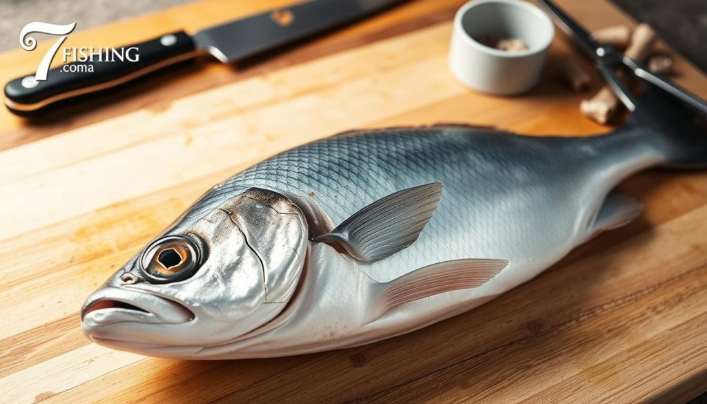 A close-up shot of a freshly caught bream fish, its silvery scales glistening under soft, diffused lighting. The fish is laid on a wooden cutting board, surrounded by essential tools for cleaning and preparing it - a sharp fillet knife, a pair of sturdy kitchen shears, and a small bowl for discarded bones and trimmings. The scene exudes a sense of culinary expertise and attention to detail, reflecting the care and expertise required to prepare this delicate fish. The overall atmosphere is one of calm, focused preparation, with a touch of rustic elegance. In the background, a subtle 7fishing.com.ua logo discreetly enhances the professional, yet approachable, tone of the image. A close-up shot of a freshly caught bream fish, its silvery scales glistening under soft, diffused lighting. The fish is laid on a wooden cutting board, surrounded by essential tools for cleaning and preparing it - a sharp fillet knife, a pair of sturdy kitchen shears, and a small bowl for discarded bones and trimmings. The scene exudes a sense of culinary expertise and attention to detail, reflecting the care and expertise required to prepare this delicate fish. The overall atmosphere is one of calm, focused preparation, with a touch of rustic elegance. In the background, a subtle 7fishing.com.ua logo discreetly enhances the professional, yet approachable, tone of the image.