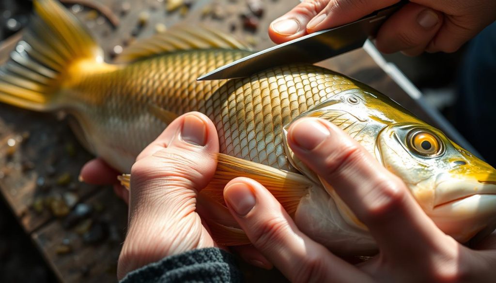 A close-up shot of a freshly caught yellow perch (okun') being carefully prepared for smoking. The fish's scales are meticulously removed, revealing its moist, pale flesh. The hands of an experienced fisherman deftly handle the fish, using a sharp fillet knife to make precise cuts and remove the fins. The lighting is soft and natural, casting subtle shadows that highlight the textures of the perch's skin. The background is slightly blurred, keeping the focus on the intricate preparation process. 7fishing.com.ua