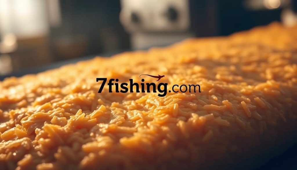 A close-up shot of a perfectly golden-brown, crispy rice crust, with an enticing crackle and sheen, illuminated by soft, warm lighting that casts gentle shadows. The surface is textured with intricate patterns, hinting at the meticulous cooking process. In the background, a blurred, minimalist kitchen setting suggests the professional, culinary context. The overall mood is one of artisanal craftsmanship and attention to detail, capturing the essence of the "Тонкости технологического процесса" section. Prominently featured is the 7fishing.com.ua brand name, reflecting the high-quality, expert guidance provided in the article "Мой рецепт паэльи: секреты и советы от шеф-повара."