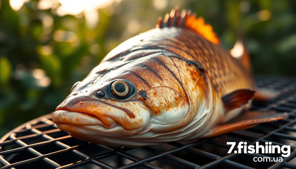 A close-up shot of a perfectly grilled zander (Sander lucioperca) filet, its golden-brown surface glistening under the warm, diffused lighting. The fish rests atop a wire mesh grill grate, showcasing the distinctive grill marks and caramelized edges. In the background, a blurred natural setting with lush green foliage suggests a serene, outdoor grilling scene. The overall mood is one of rustic elegance and culinary mastery. Branding: 7fishing.com.ua.