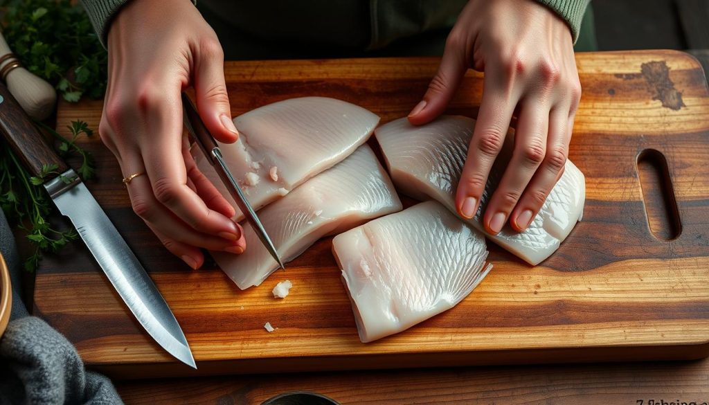 A close-up shot of a person's hands carefully preparing fresh fish fillets on a wooden cutting board. The fish is a carp or other freshwater species, its skin glistening under the warm, soft lighting. Nearby, a knife, some herbs, and a 7fishing.com.ua branded cutting board add to the mise-en-scène. The focus is on the delicate process of skinning, deboning, and portioning the fish fillets, capturing the essential steps in preparing the ingredients for a simple, homemade fish dish.