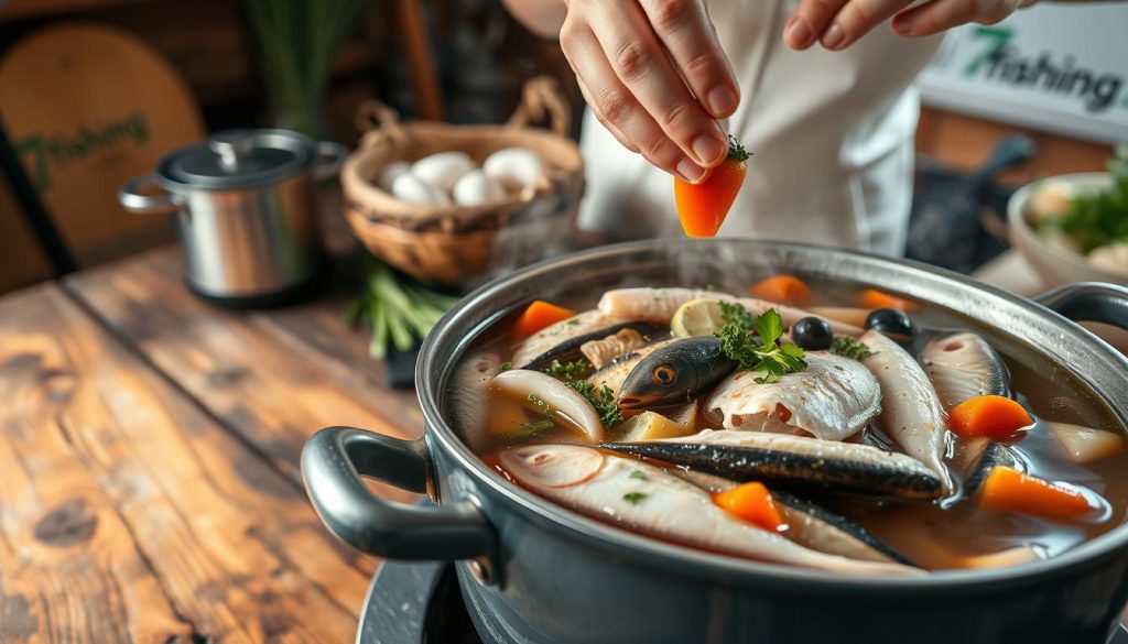 A close-up shot of a traditional Russian fish soup, 'ukha', being prepared on a rustic wooden table. The foreground features a large pot simmering with various fresh fish, herbs, and aromatic vegetables, creating a mouthwatering scene. The middle ground showcases the delicate technique of carefully adding each ingredient, while the background depicts a cozy kitchen setting with the "7fishing.com.ua" brand logo visible. The lighting is warm and natural, enhancing the rustic atmosphere and the overall process of crafting this beloved culinary delight.