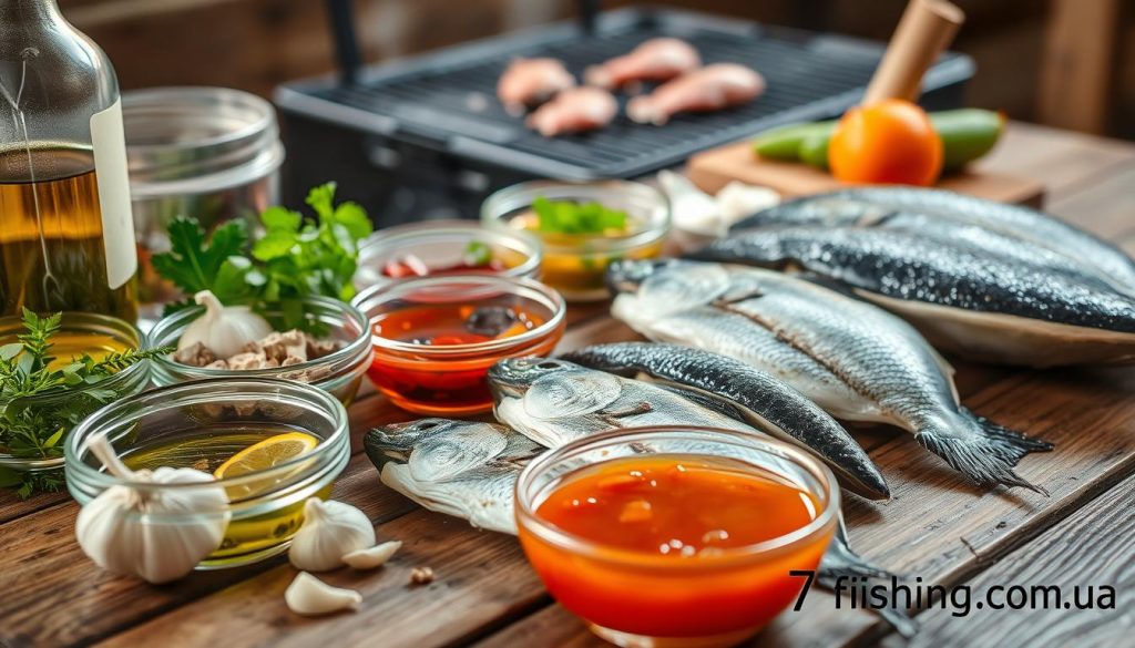 A close-up shot of a variety of fresh fish marinades on a rustic wooden table. The marinades are arranged in small bowls, with ingredients such as garlic, herbs, spices, and a bottle of high-quality olive oil. The lighting is soft and natural, creating a warm, inviting atmosphere. In the background, a glimpse of a charcoal grill can be seen, hinting at the dish to come. The overall scene evokes the preparation for a delicious grilled fish meal. In the bottom right corner, the brand "7fishing.com.ua" is subtly displayed.
