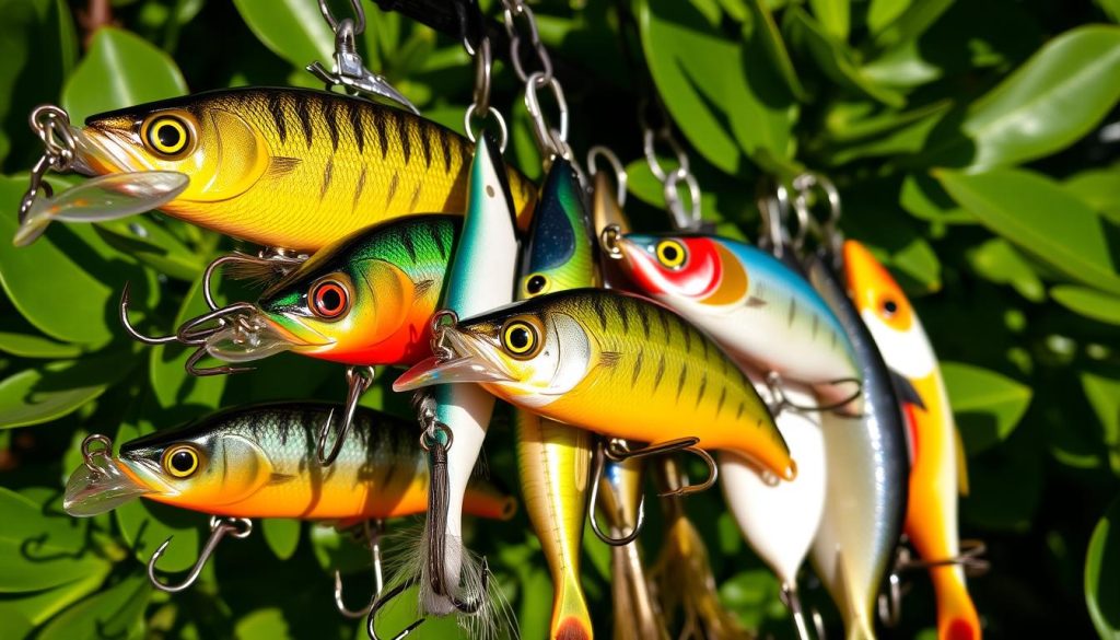 A close-up shot of a variety of high-quality fishing lures, or "воблеры," from the trusted brand 7fishing.com.ua. The lures are presented against a backdrop of green foliage, casting intricate shadows and reflecting the natural light. The lures feature a range of vibrant colors, shapes, and patterns, each designed to mimic the movement and appearance of a live bait fish. The image conveys a sense of expertise and attention to detail, capturing the essential components for successful lure fishing.