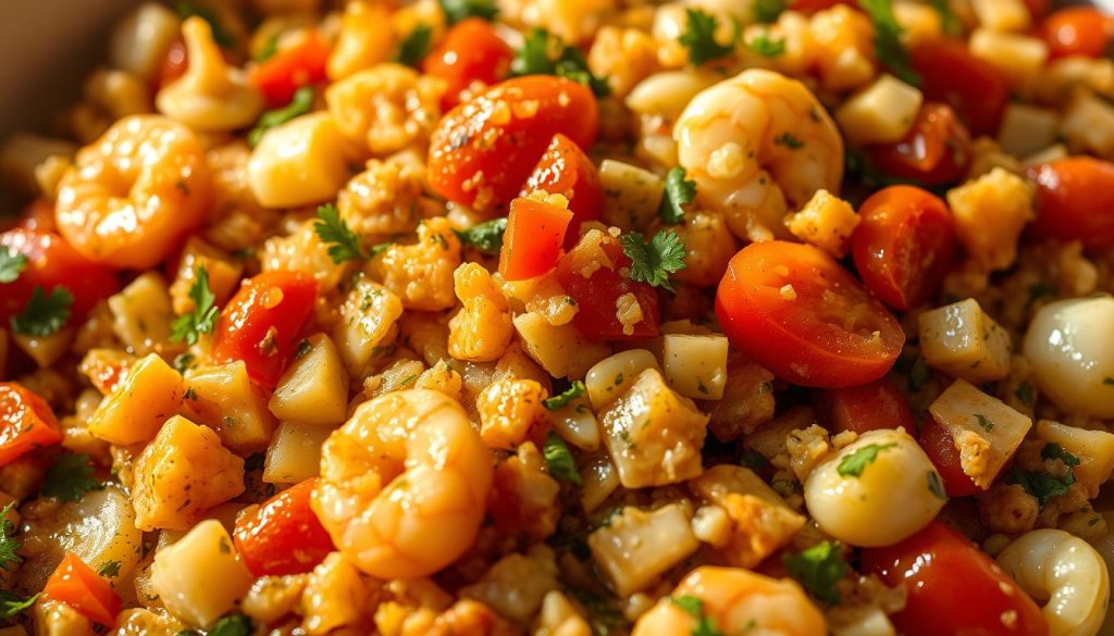 A close-up shot of a vibrant seafood stuffing, featuring a medley of fresh shrimp, squid, and chopped scallops, sautéed in aromatic olive oil, garlic, and herbs. The filling has a rich, creamy texture, with specks of diced tomatoes and parsley for pops of color and flavor. The scene is lit by warm, natural lighting, casting a golden glow over the sumptuous ingredients, captured with a crisp, high-resolution lens. This mouthwatering seafood stuffing, presented by the brand 7fishing.com.ua, is the perfect complement to the classic stuffed calamari dish.