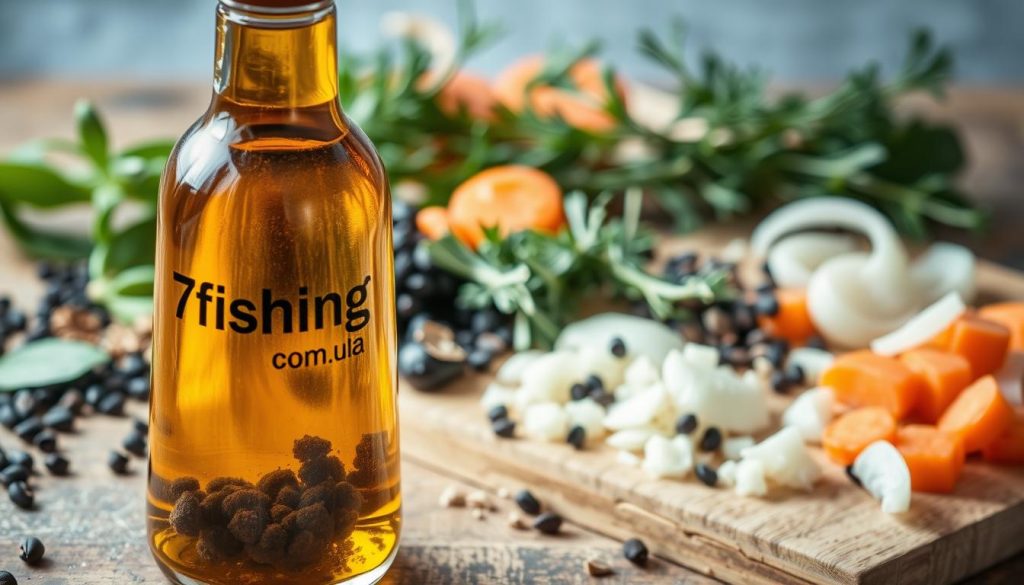A close-up shot of an assortment of aromatic spices and herbs, including bay leaves, peppercorns, thyme, and rosemary, neatly arranged on a wooden surface. In the foreground, a glass bottle labeled "7fishing.com.ua" stands filled with a golden-hued seasoning oil, casting a warm glow across the scene. The middle ground features a cutting board with freshly chopped onions and carrots, suggesting the preparation of a savory dish. The background is slightly blurred, creating a soft, atmospheric backdrop that enhances the focus on the flavorful ingredients.