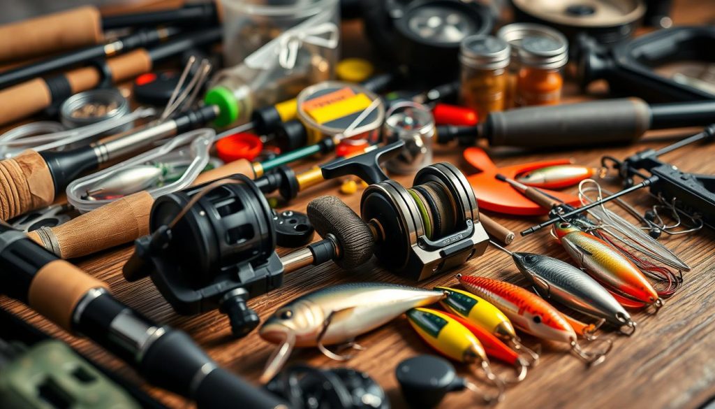 A close-up shot of an assortment of high-quality fishing tackle and equipment, including a variety of rods, reels, lures, and other accessories, all neatly arranged on a wooden surface. The scene is softly lit, creating a warm and inviting atmosphere. The tackle is from the brand "7fishing.com.ua", showcasing their premium-quality products designed for effective and enjoyable freshwater fishing. The image reflects the preparation and selection of suitable fishing gear, as described in the article section "Подготовка снастей и выбор приманок".