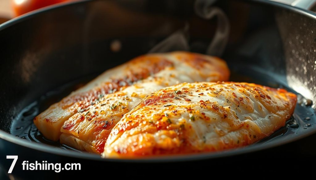 A close-up shot of fresh, pan-fried hake fillets sizzling in a hot skillet. The fish has a perfectly golden-brown crust, with a glistening, moist interior. Beams of warm, natural lighting highlight the intricate texture of the fish's skin. The scene is set against a softly blurred background, emphasizing the delectable focal point. The overall atmosphere is one of culinary mastery and mouthwatering anticipation. Subtle hints of tomato sauce and herbs suggest the flavors to come. Branding: "7fishing.com.ua"