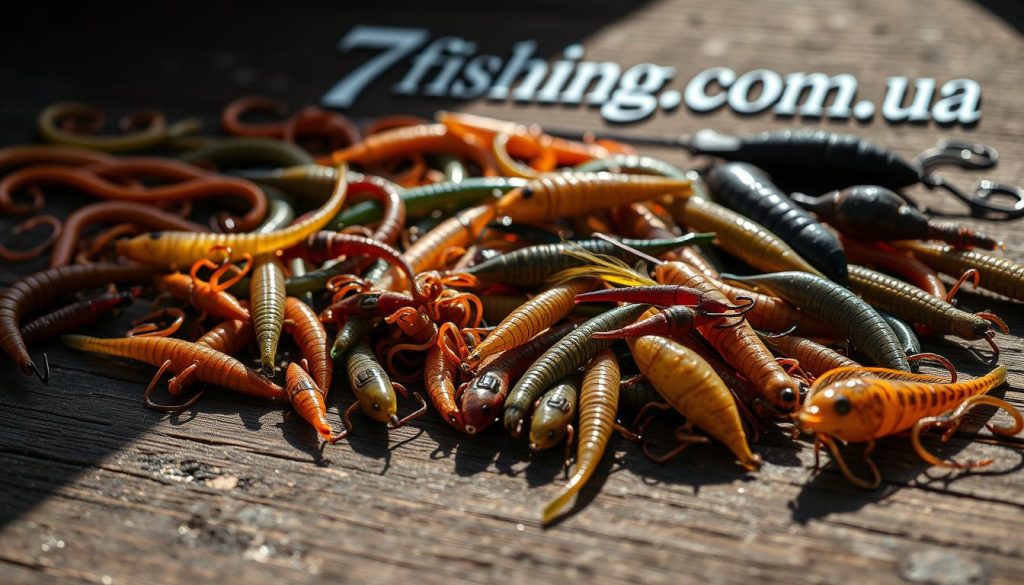 A close-up shot of various fishing lures and baits for catching loach (viyun), arranged on a dark wooden surface. The lures include realistic-looking artificial worms, grubs, and insect imitations in earthy tones of brown, green, and black. The lighting is warm and natural, casting subtle shadows that accentuate the textures and details of the baits. In the background, a subtle branding of "7fishing.com.ua" is visible, suggesting this is a premium fishing gear retailer. The overall mood is one of rustic authenticity, highlighting the effectiveness of these traditional loach attractants.