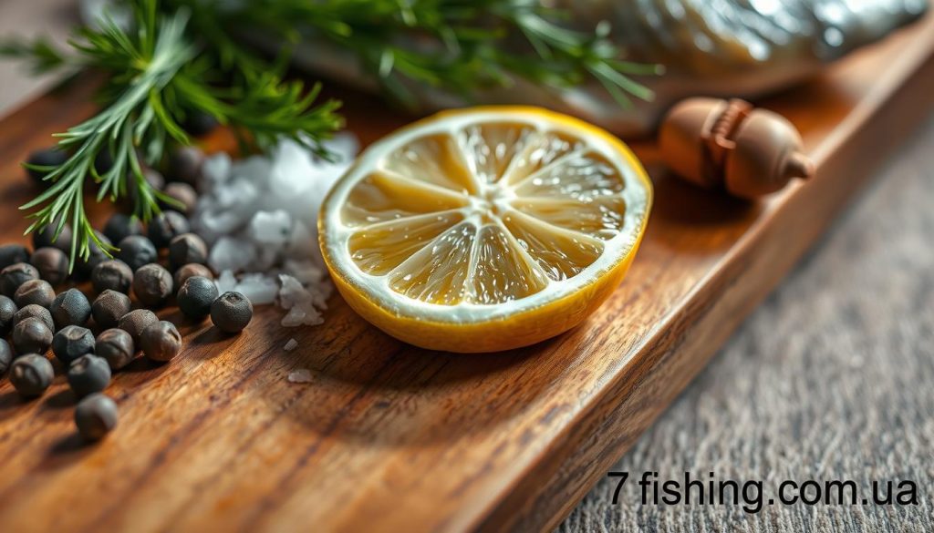 A close-up still life image of a wooden board with various spices and a freshly sliced lemon, arranged as if preparing ingredients for a baked trout dish. The spices include whole peppercorns, sprigs of fresh dill, and sea salt crystals. The lemon slice is positioned in the foreground, catching the warm, directional lighting that creates interesting shadows and highlights the textures. The overall mood is natural, earthy, and evocative of a simple, rustic meal. In the bottom right corner, the "7fishing.com.ua" brand name is subtly incorporated into the scene.