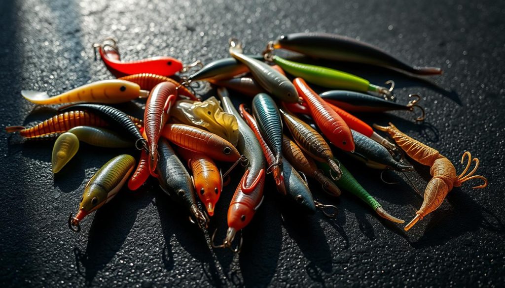 A close-up still life of a variety of silicone fishing lures arranged on a dark, textured surface. The lures feature a range of lifelike colors, shapes, and textures, including worms, grubs, and soft plastic baits. Dramatic side lighting casts long shadows, highlighting the intricate details and contours of the lures. The composition emphasizes the diverse selection of silicone baits, conveying their versatility and appeal for different fishing applications. An atmospheric, moody tone evokes the tranquility and anticipation of a successful angling expedition.
