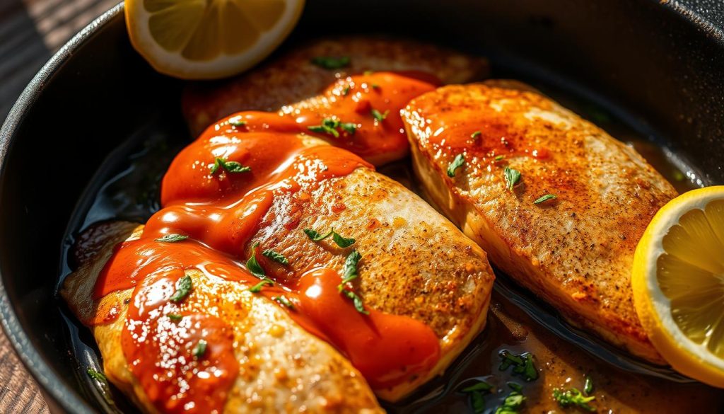 A close-up view of a cast-iron skillet sizzling with golden-brown trout fillets, their delicate skin crisped to perfection. The fish is drizzled with a glistening, amber-colored sauce, complemented by a scattering of fresh herbs and a squeeze of lemon. The scene is bathed in warm, natural lighting, casting dramatic shadows and highlighting the textural details of the ingredients. The composition is balanced and visually appealing, inviting the viewer to savor the mouthwatering scene. 7fishing.com.ua