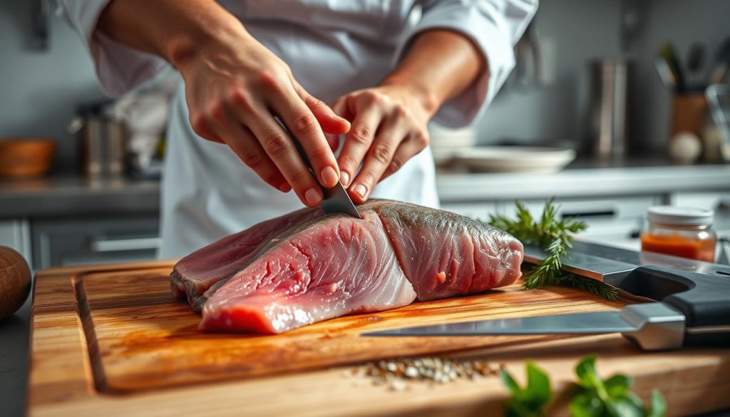 A close-up view of a chef's hands carefully preparing a fresh tuna steak, meticulously trimming the flesh and removing any bones or impurities. The tuna is resting on a wooden cutting board, surrounded by a selection of cooking utensils and seasonings. Soft, natural lighting illuminates the scene, highlighting the vibrant colors and textures of the ingredients. In the background, a modern kitchen with sleek appliances and minimal decor provides a clean, professional setting. The mood is one of focused attention and culinary expertise. Branding: "7fishing.com.ua"